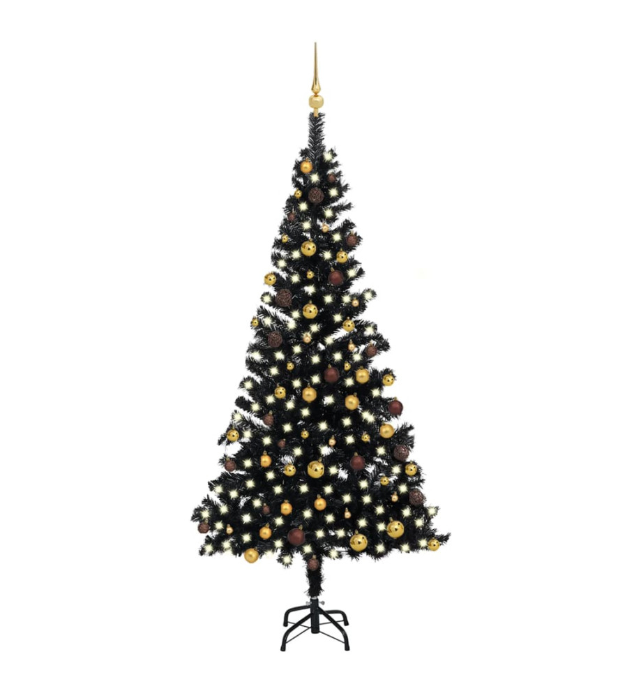 Arbre de Noël artificiel pré-éclairé et boules noir 210 cm PVC