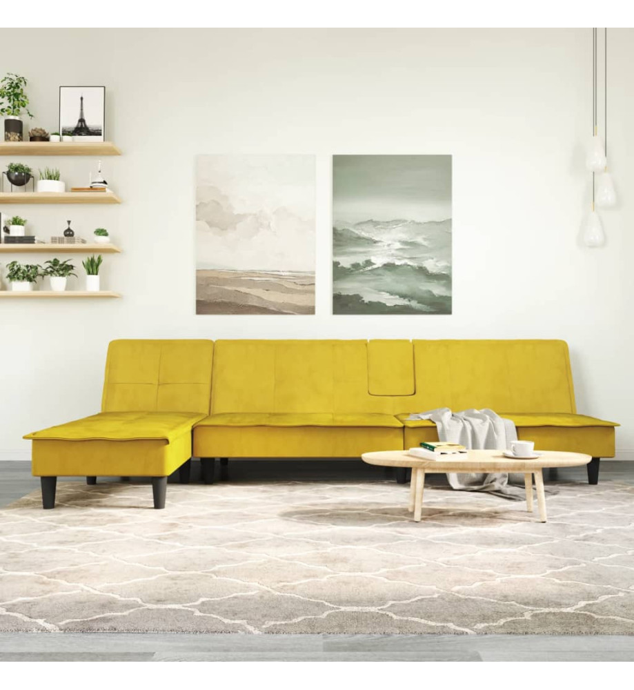 Canapé-lit en forme de L jaune 255x140x70 cm velours