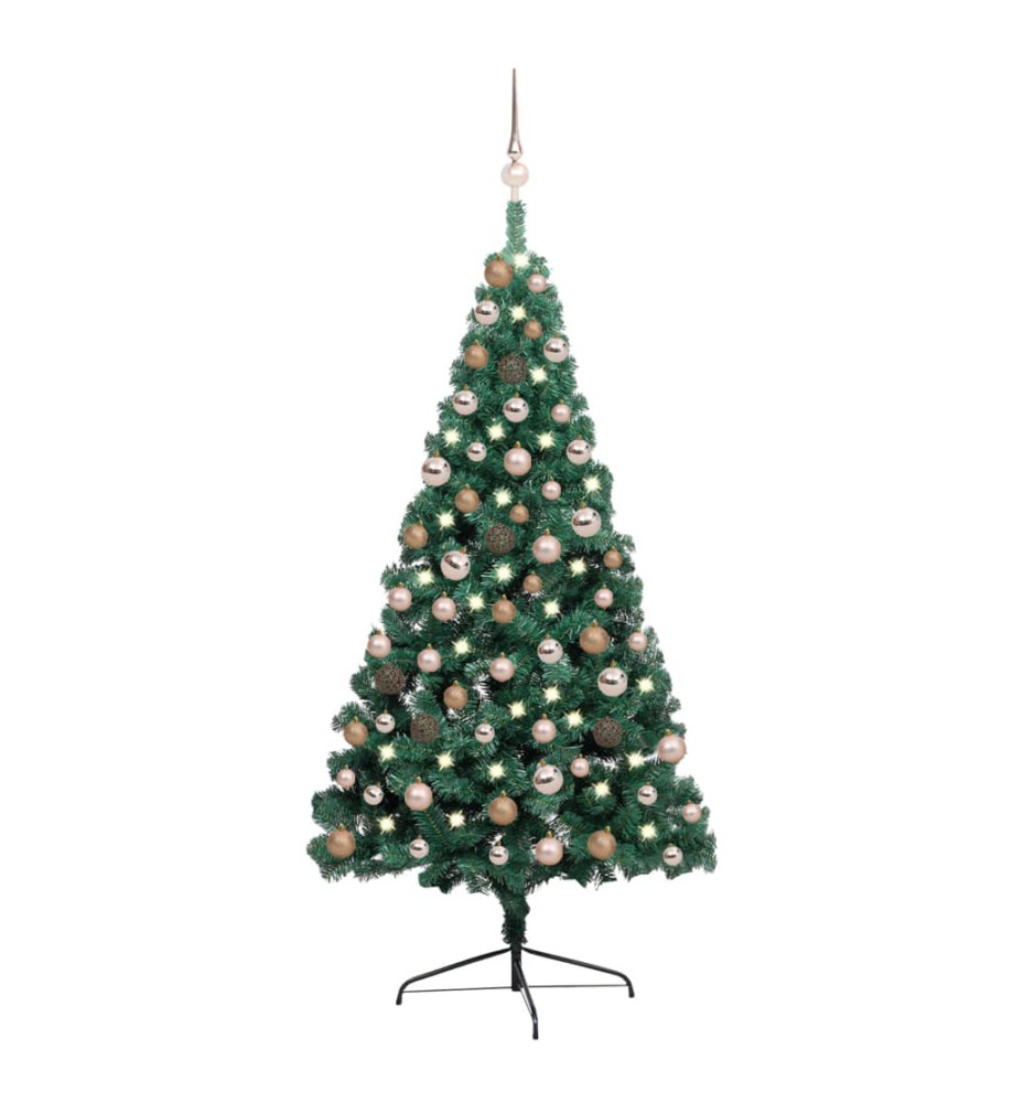 Demi-arbre de Noël artificiel pré-éclairé et boules vert 150 cm