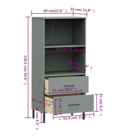 Bibliothèque à 2 tiroirs Gris 60x35x128,5 cm Bois massif OSLO