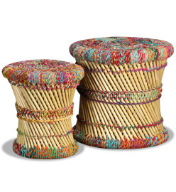 Tabourets avec détails chindi lot de 2 multicolore bambou