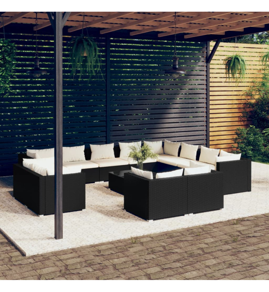 Salon de jardin 13 pcs avec coussins Noir Résine tressée