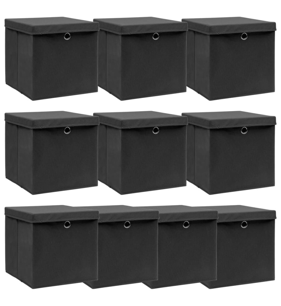 Boîtes de rangement avec couvercle 10 pcs Noir 32x32x32cm Tissu