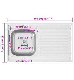 Jeu d'évier de cuisine et égouttoir argenté 1000x600x155mm inox