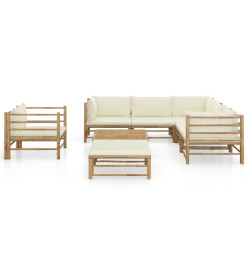 Salon de jardin 8 pcs avec coussins blanc crème Bambou