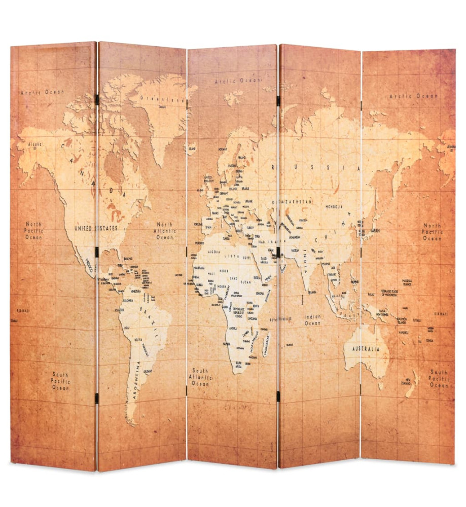 Cloison de séparation pliable 200 x 170 cm Carte du monde Jaune