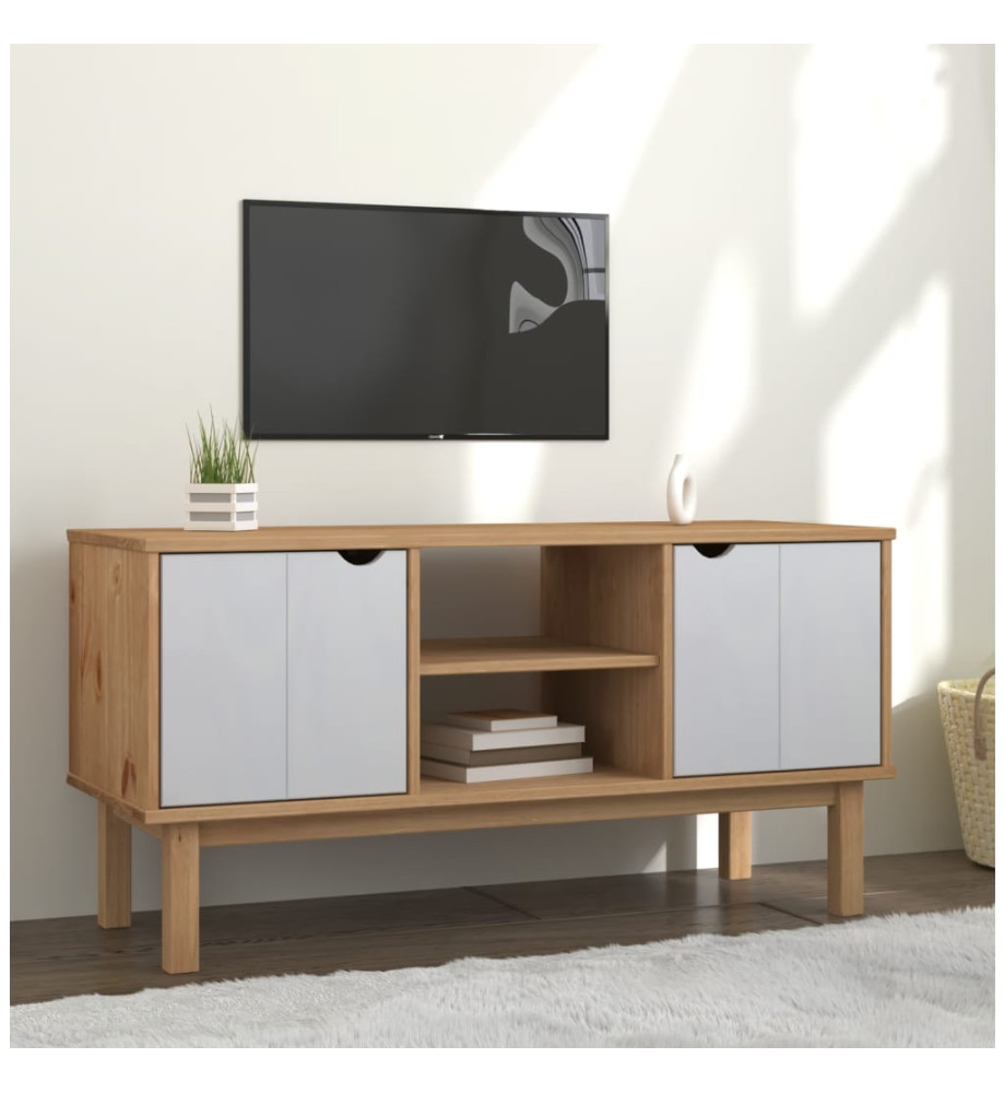 Meuble TV OTTA Marron et blanc 113,5x43x57cm Bois de pin massif