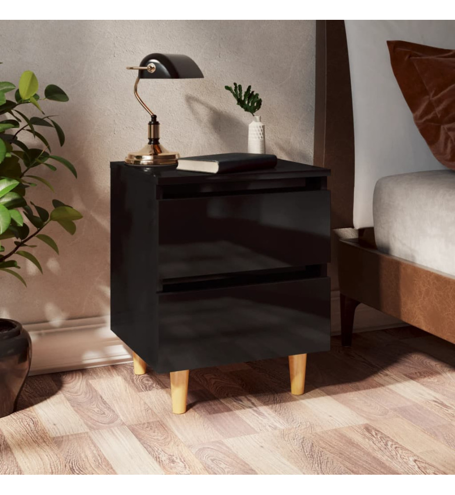 Table de chevet avec pieds en pin Noir brillant 40x35x50 cm