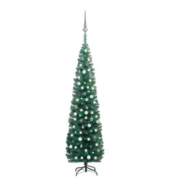 Sapin de Noël artificiel mince et LED et boules Vert 240 cm