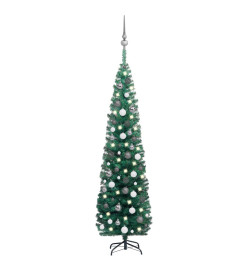 Sapin de Noël artificiel mince et LED et boules Vert 180 cm