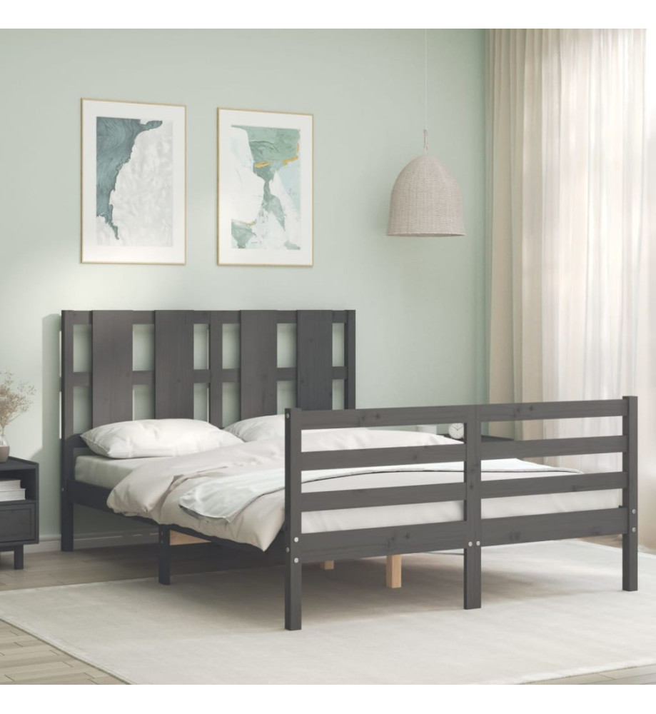 Cadre de lit avec tête de lit gris petit double bois massif Cadre de lit avec tête de lit gris petit double bois massif