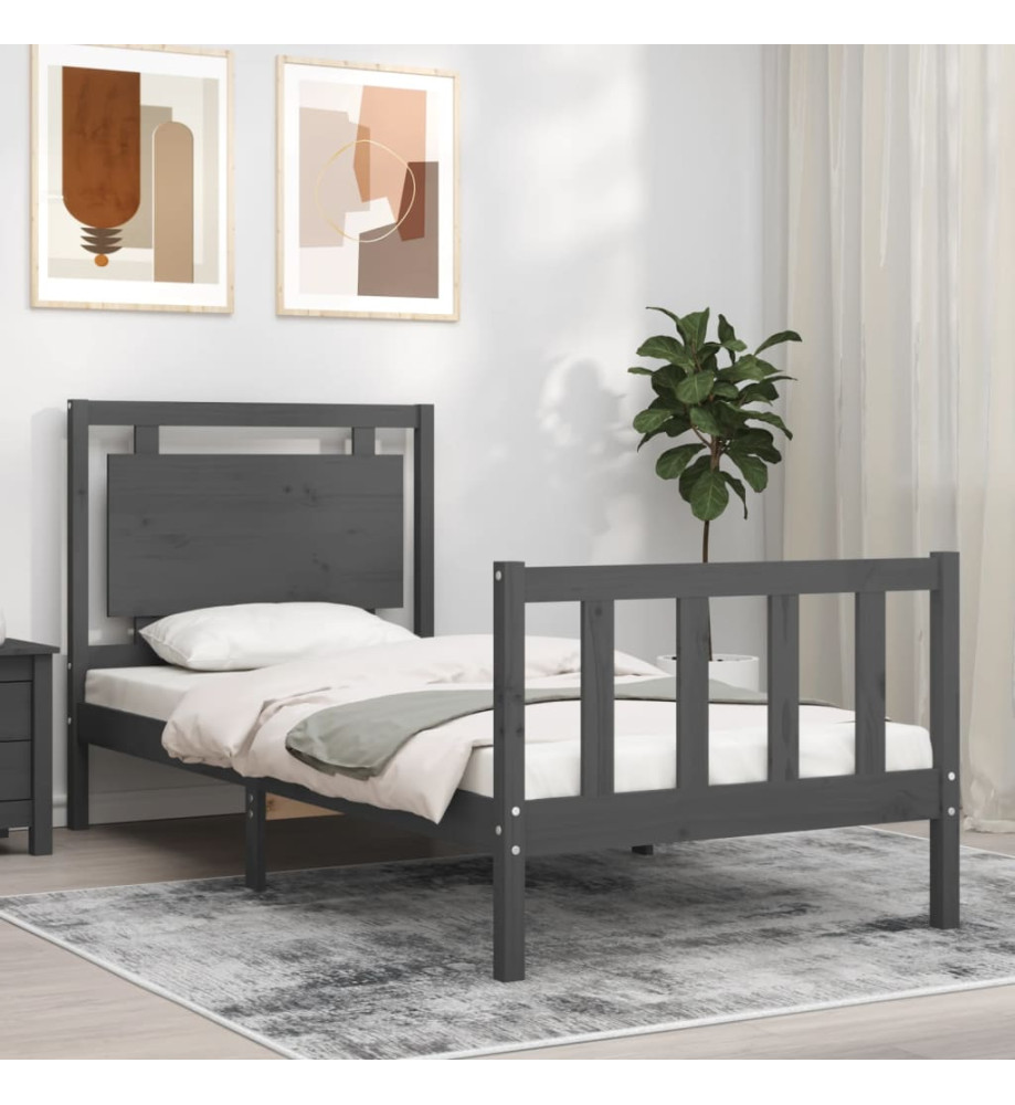 Cadre de lit avec tête de lit gris 90x190 cm bois massif Cadre de lit avec tête de lit gris 90x190 cm bois massif