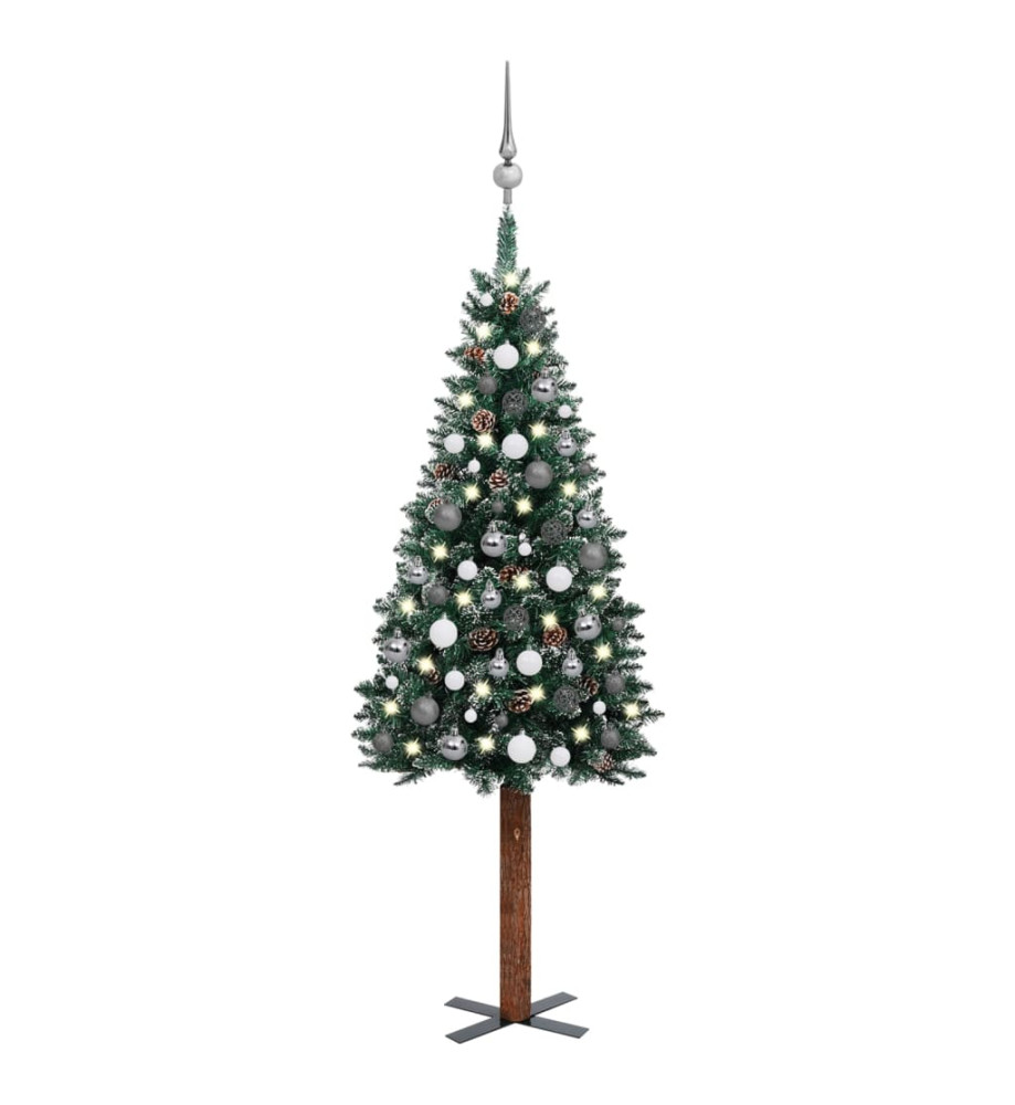 Sapin de Noël mince pré-éclairé et boules vert 150 cm