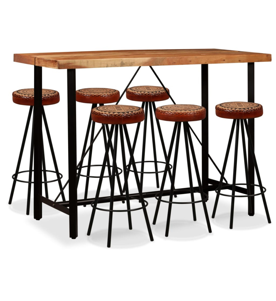 Ensemble de bar 7 pcs Bois d'acacia Cuir véritable et toile