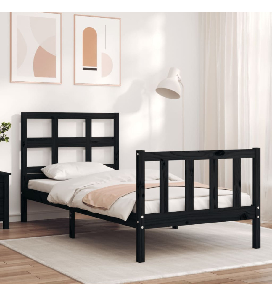 Cadre de lit avec tête de lit noir simple bois massif Cadre de lit avec tête de lit noir simple bois massif
