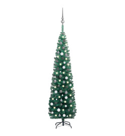 Arbre de Noël artificiel mince avec LED et boules Vert 210 cm