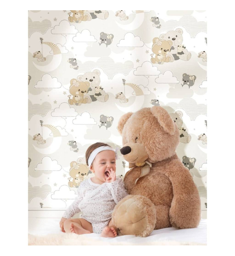 Noordwand Papier peint Mondo baby Hug Bears Gris et beige