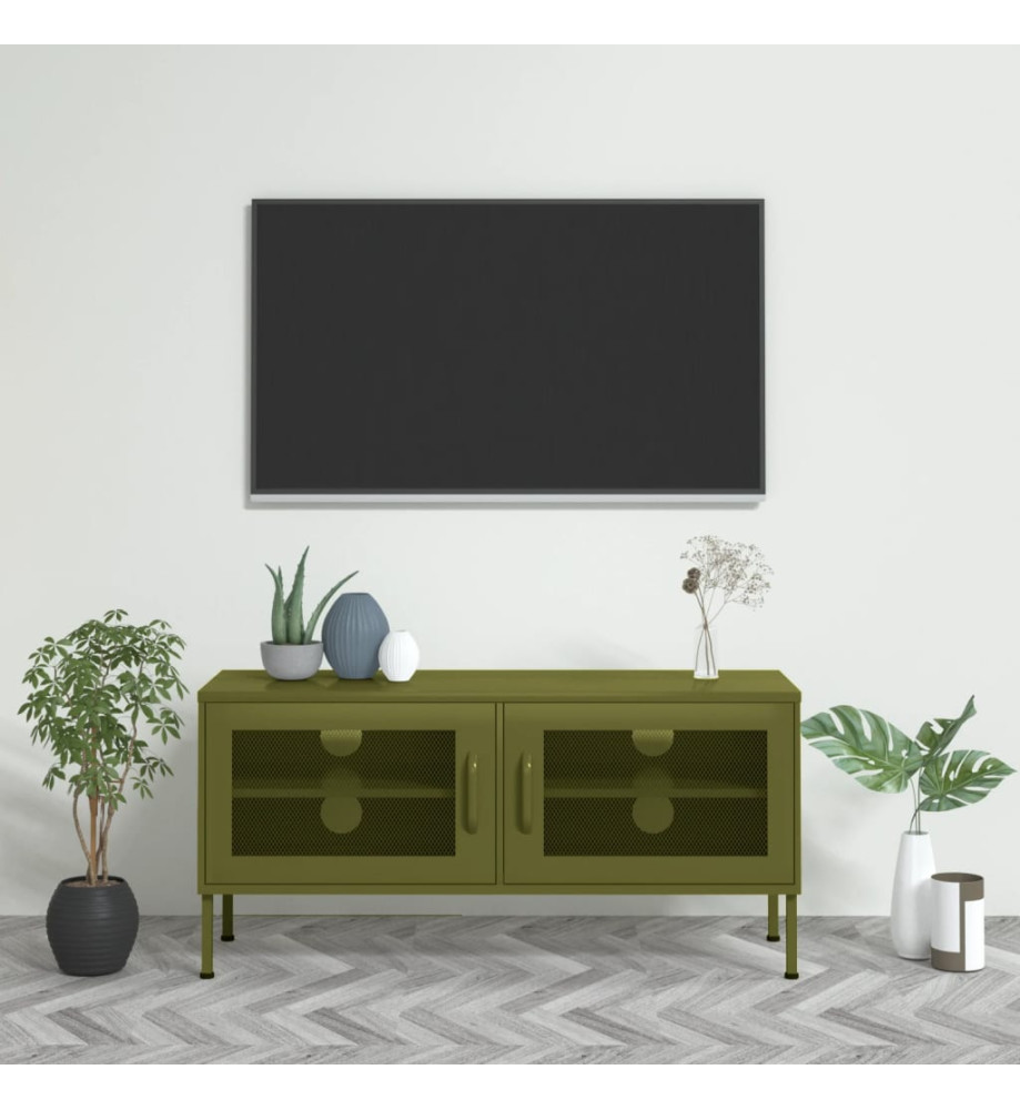 Meuble TV Vert olive 105x35x50 cm Acier