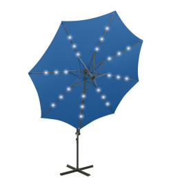 Parasol déporté avec mât et lumières LED Bleu azur 300 cm