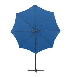 Parasol déporté avec mât et lumières LED Bleu azur 300 cm