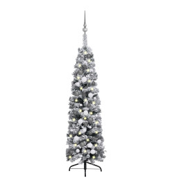 Sapin de Noël mince avec LED boules flocons de neige Vert 120cm