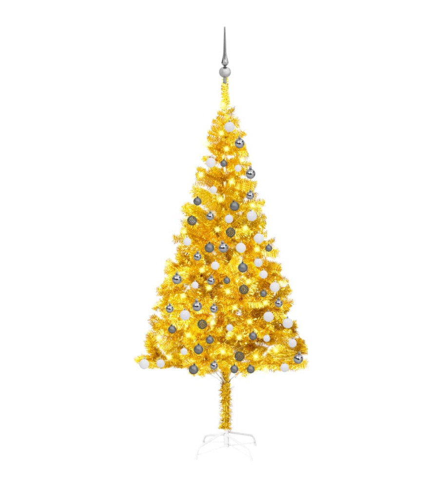 Arbre de Noël artificiel pré-éclairé et boules doré 180 cm PET