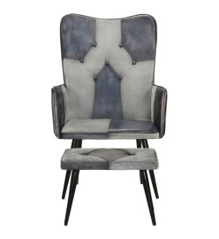 Fauteuil avec repose-pieds Gris Cuir véritable et toile