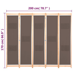 Cloison de séparation 5 panneaux Marron 200 x 170 x 4 cm Tissu