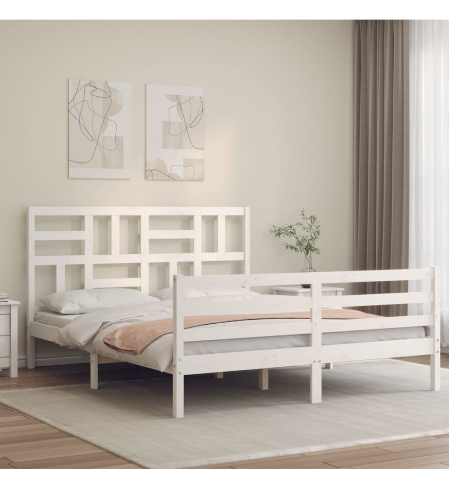 Cadre de lit avec tête de lit blanc 160x200 cm bois massif Cadre de lit avec tête de lit blanc 160x200 cm bois massif