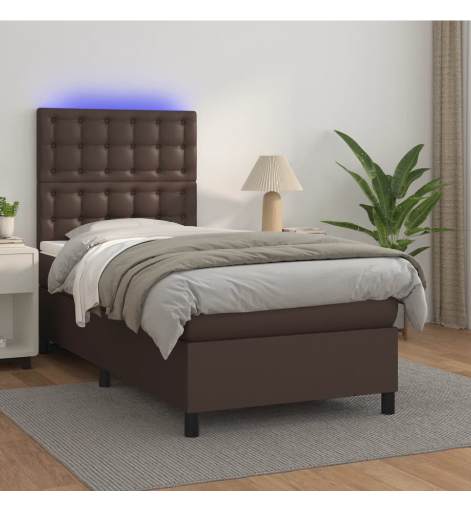 Sommier tapissier et matelas et LED Marron 90x200 cm Similicuir Sommier tapissier et matelas et LED Marron 90x200 cm Similicuir