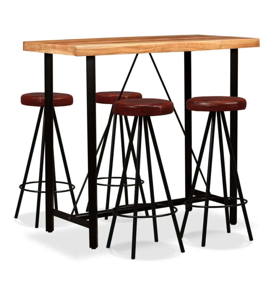 Ensemble de bar 5 pcs Bois d'acacia massif et cuir véritable