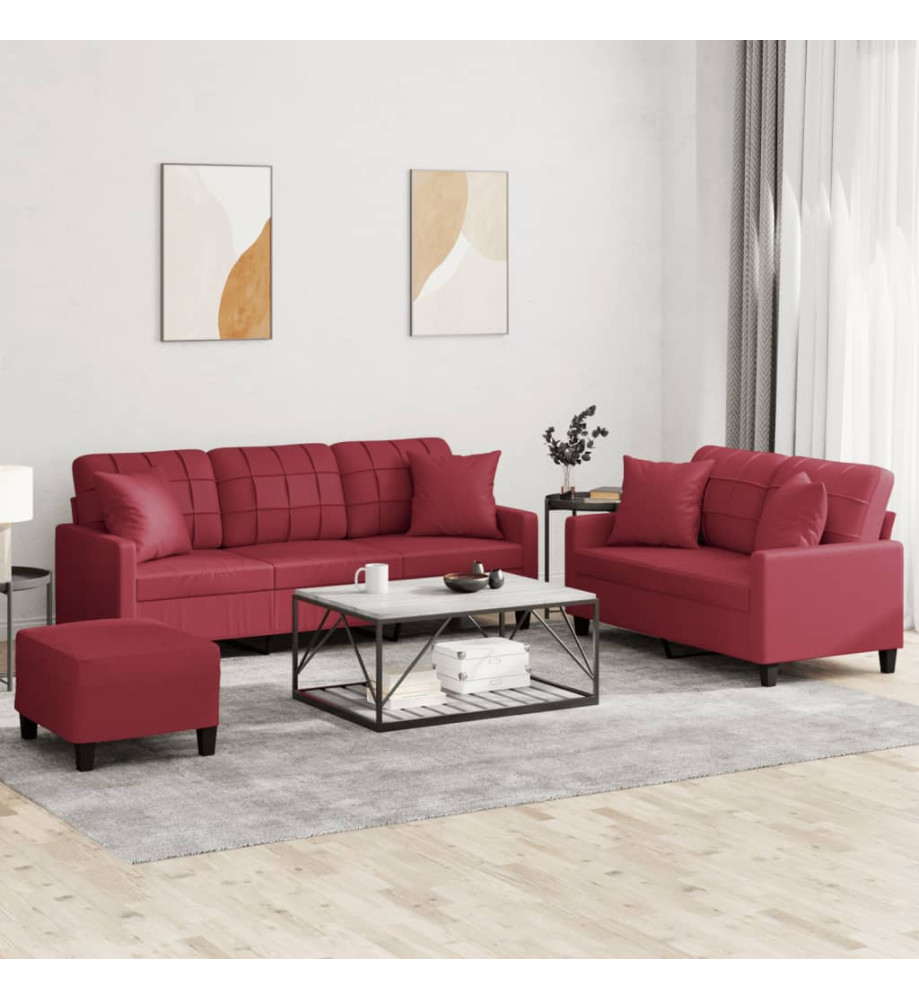 Ensemble de canapés 3 pcs et coussins rouge bordeaux similicuir