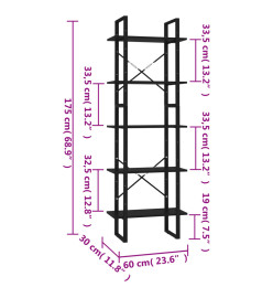 Bibliothèque à 5 niveaux Noir 60x30x175 cm Bois ingénierie