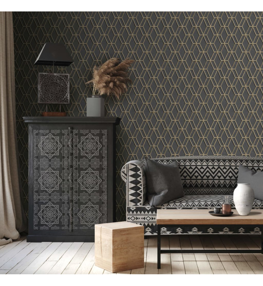 DUTCH WALLCOVERINGS Papier peint avec motif hexagonal Noir et doré