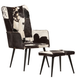 Chaise à oreilles avec repose-pied Noir Cuir véritable