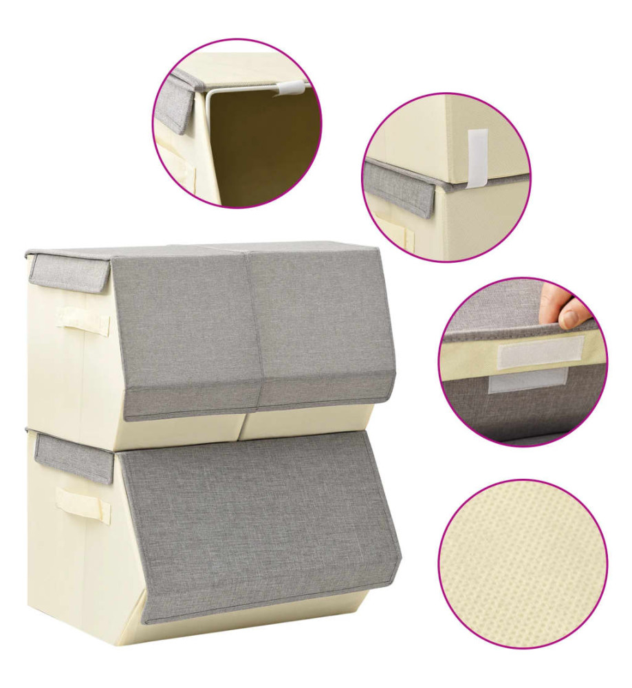 Boîtes de rangement empilables 3 pcs Tissu Gris et crème