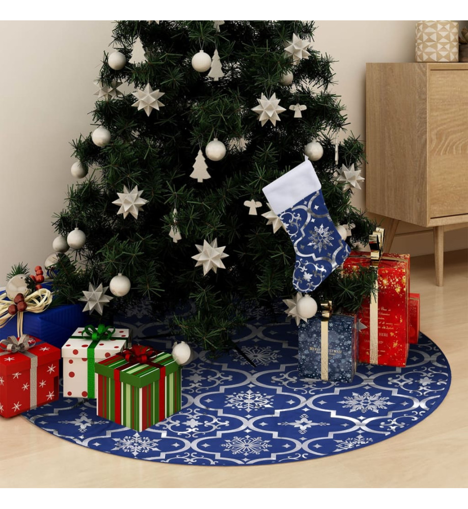 Jupe de sapin de Noël de luxe avec chaussette Bleu 150 cm Tissu