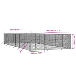 Chenil d'extérieur pour chiens argenté 6x14x2 m acier galvanisé