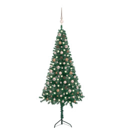 Arbre de Noël artificiel d'angle LED et boules vert 180 cm PVC