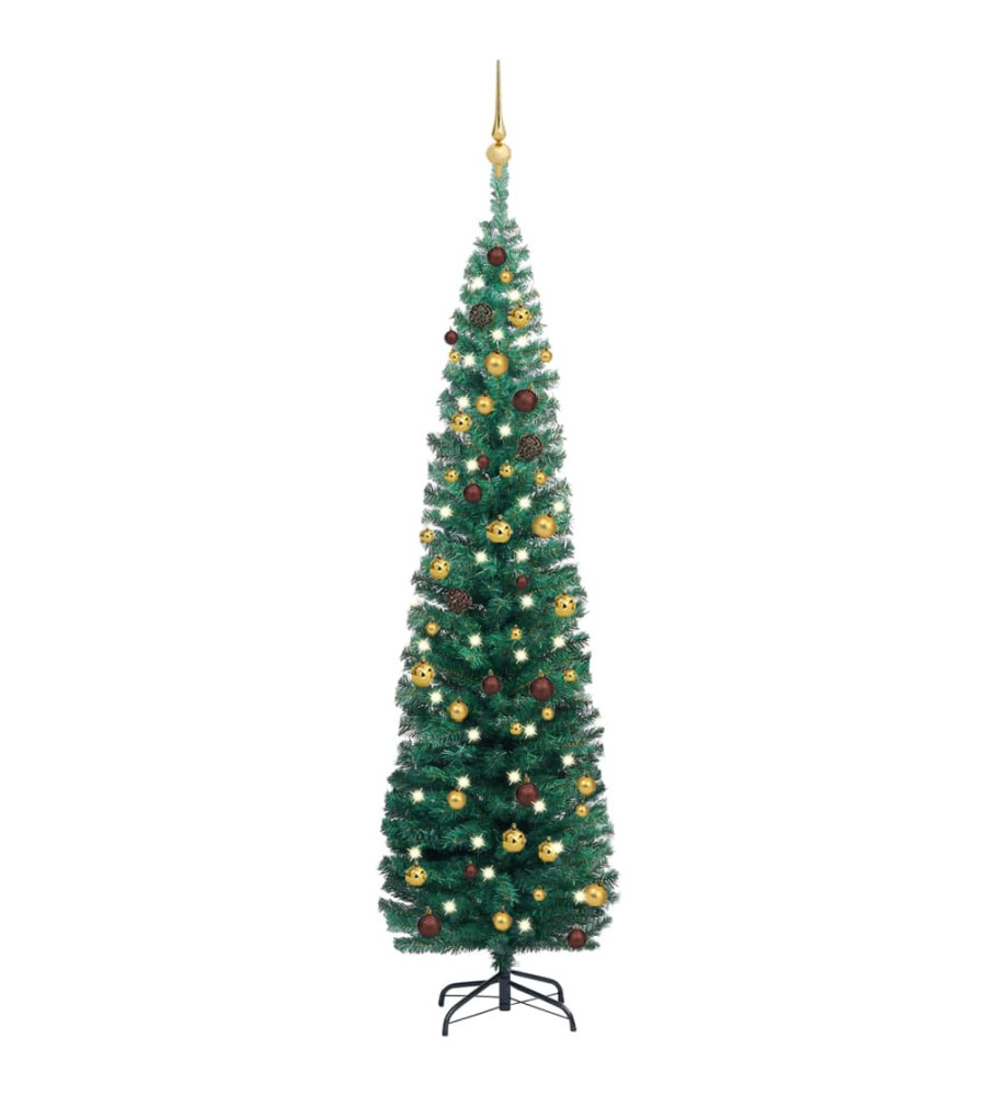 Sapin de Noël artificiel mince pré-éclairé et boules vert 180cm