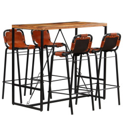 Ensemble de bar 5 pcs Bois massif recyclé et cuir de chèvre