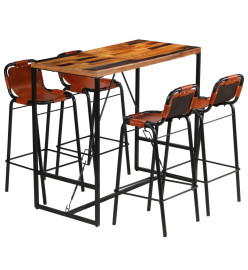 Ensemble de bar 5 pcs Bois massif recyclé et cuir de chèvre