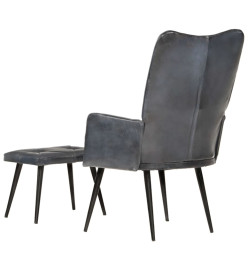 Chaise à oreilles avec repose-pied Gris Cuir véritable