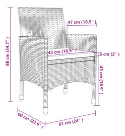 Mobilier à dîner de jardin coussins 3 pcs Résine tressée Verre