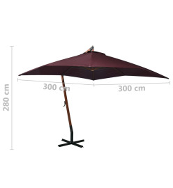 Parasol suspendu avec mât Rouge bordeaux 3x3 m Bois de sapin