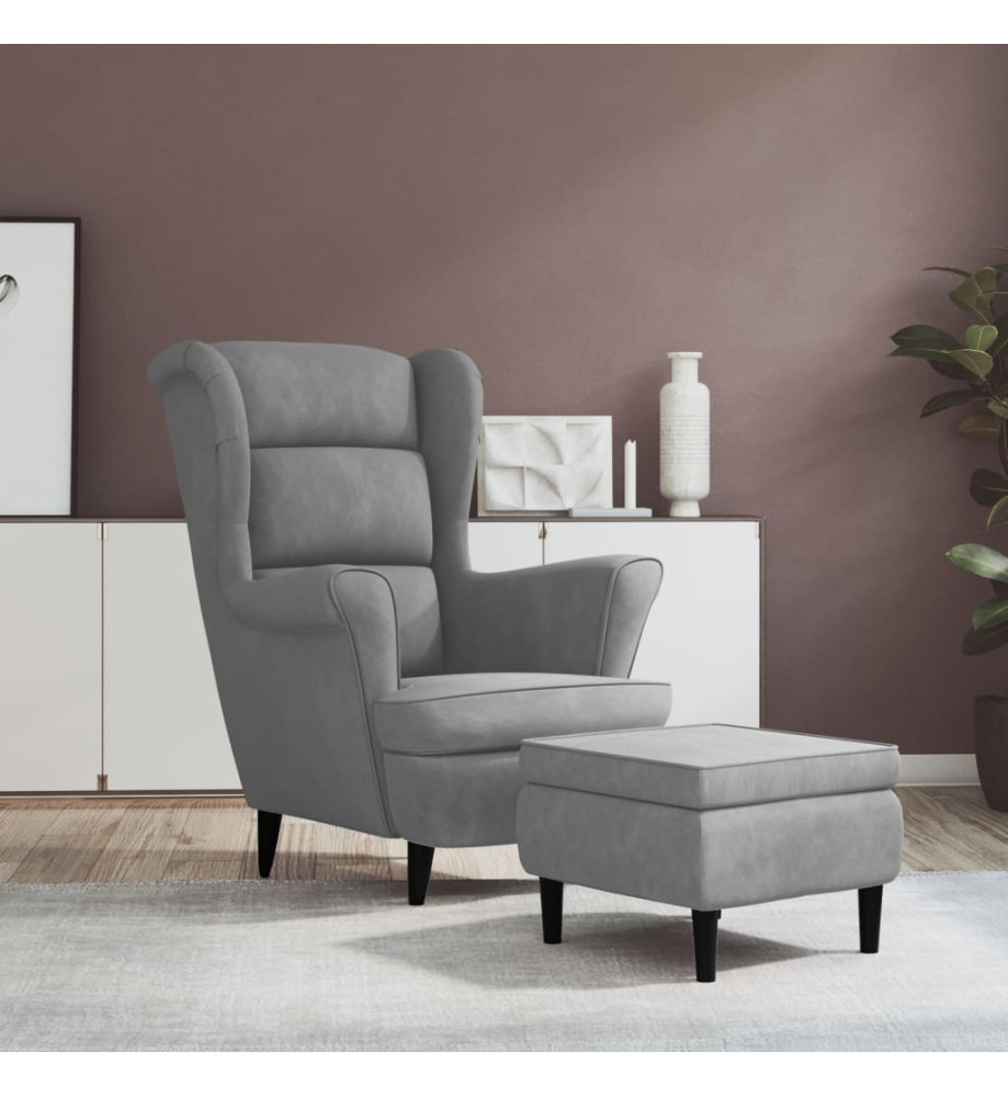 Fauteuil à oreilles avec tabouret gris clair velours