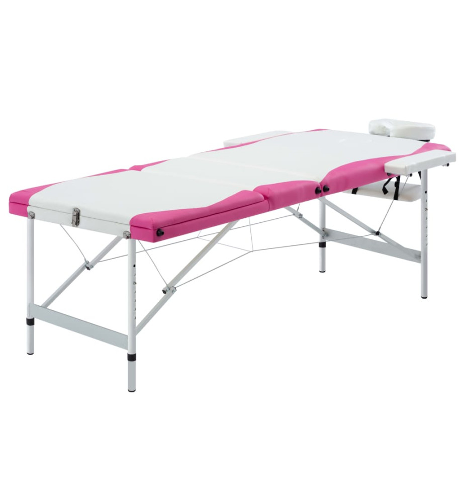 Table de massage pliable 3 zones Aluminium Blanc et rose