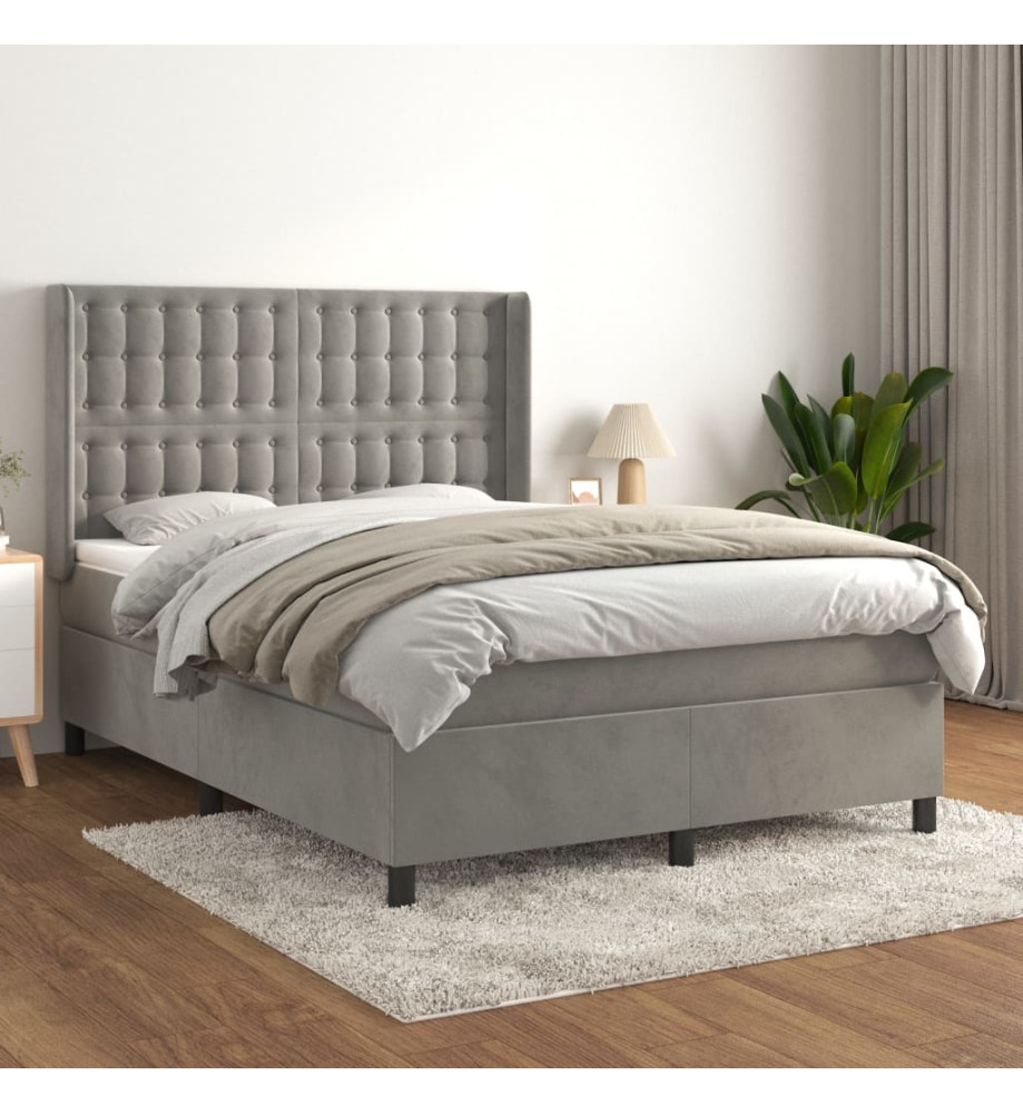 Lit à sommier tapissier et matelas Gris clair 140x200cm Velours Lit à sommier tapissier et matelas Gris clair 140x200cm Velours