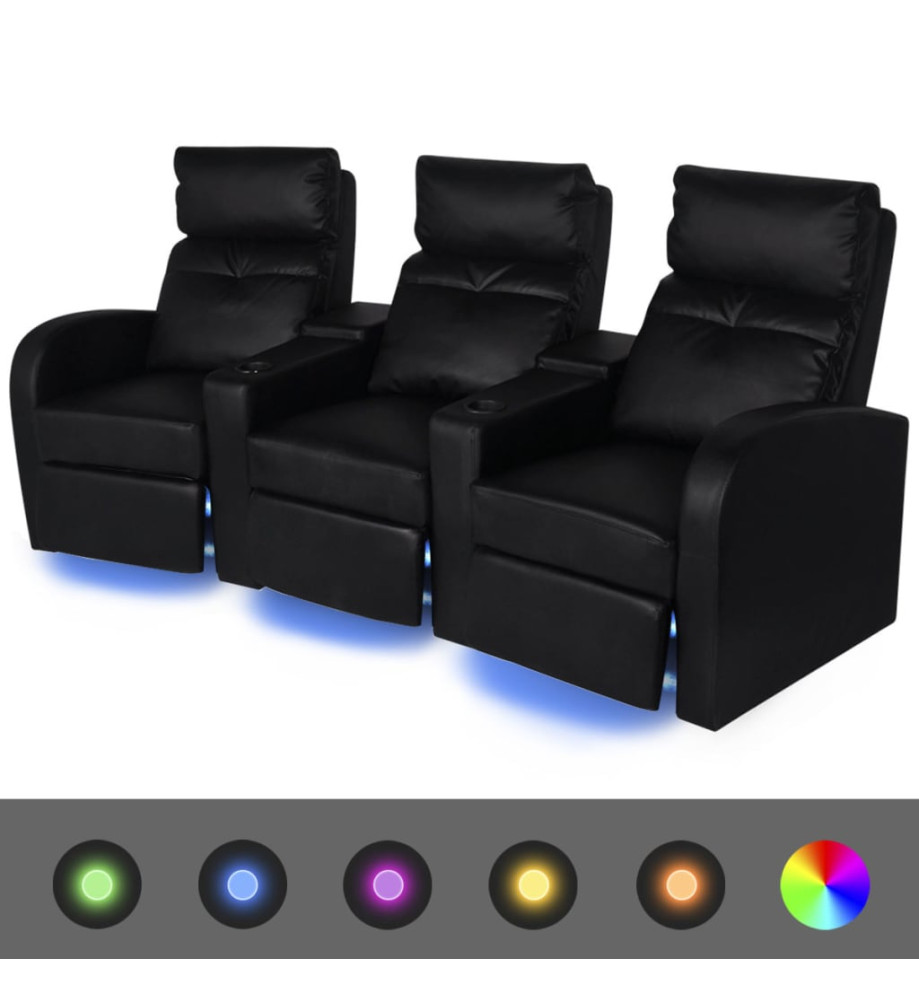 Fauteuil inclinable à LED à 3 places cuir artificiel noir