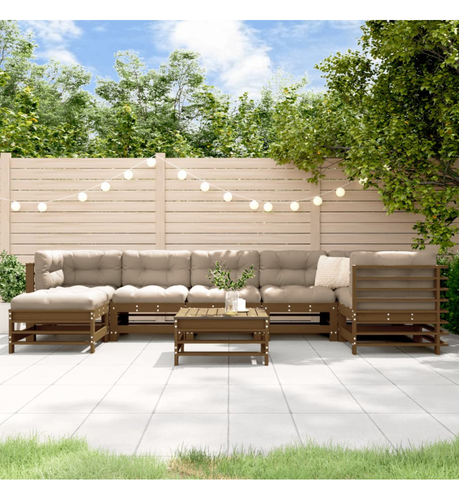 Salon de jardin 8 pcs avec coussins marron miel bois massif